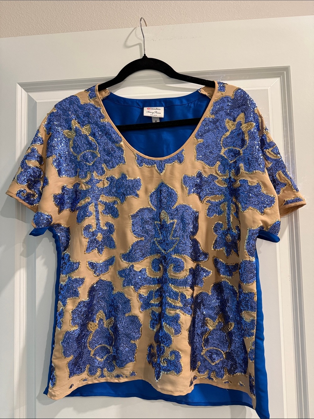 Neiman Marcus Tracy Reece Beaded Blue Floral Appliqué Top sz m